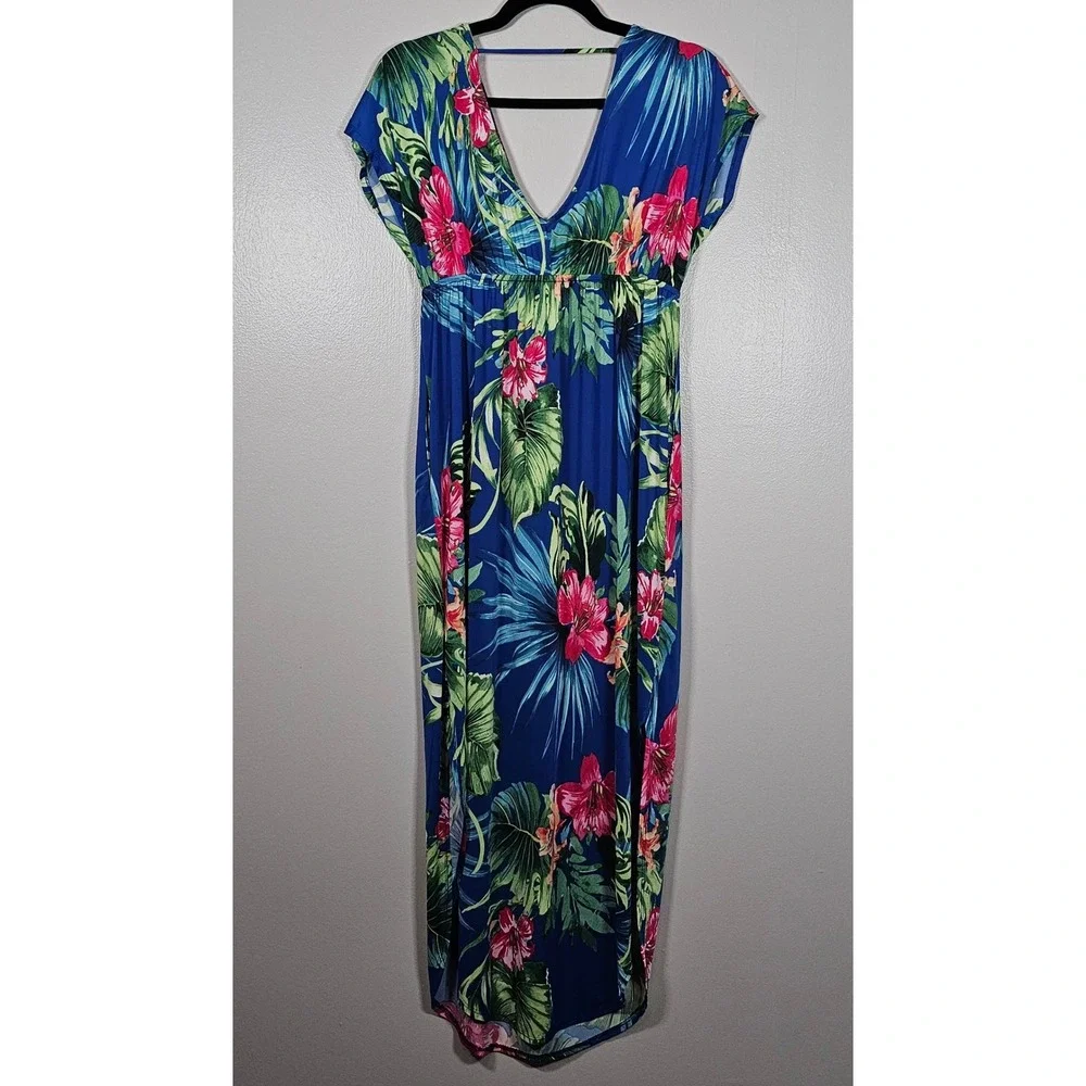 CY Fashion Tropical Floral Maxi Dress Blue Pink Palm Leaf V-Neck Medium MD5378